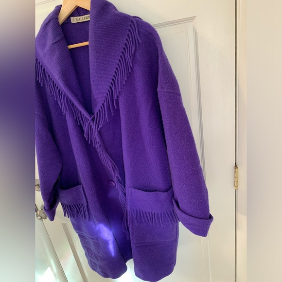Vintage 80s 90s Gallery 100% Wool Purple Oversized Fringe Blanket Coat M - Picture 6 of 14